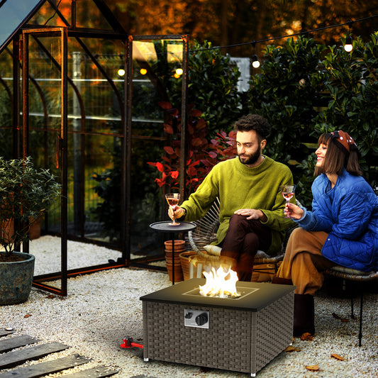 Outsunny Rattan Gas Fire Pit Table for Garden Square 58x58 cm with Lid 13 KW Smokeless Propane Patio Heater Grey