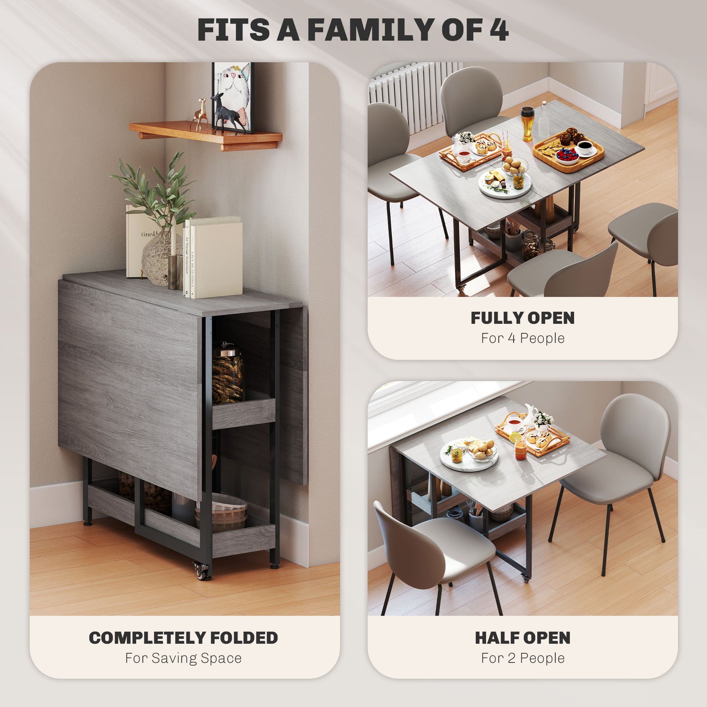HOMCOM Four Person Drop Leaf Dining Table Grey Wood Effect For Small Spaces Versatile Use