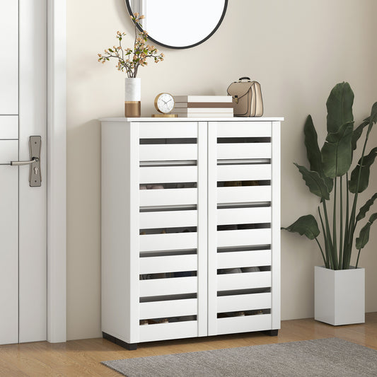 HOMCOM Narrow Shoe Cabinet For Entryway 5 Tier Slim Shoe Storage With 2 Slatted Doors And Adjustable Shelves