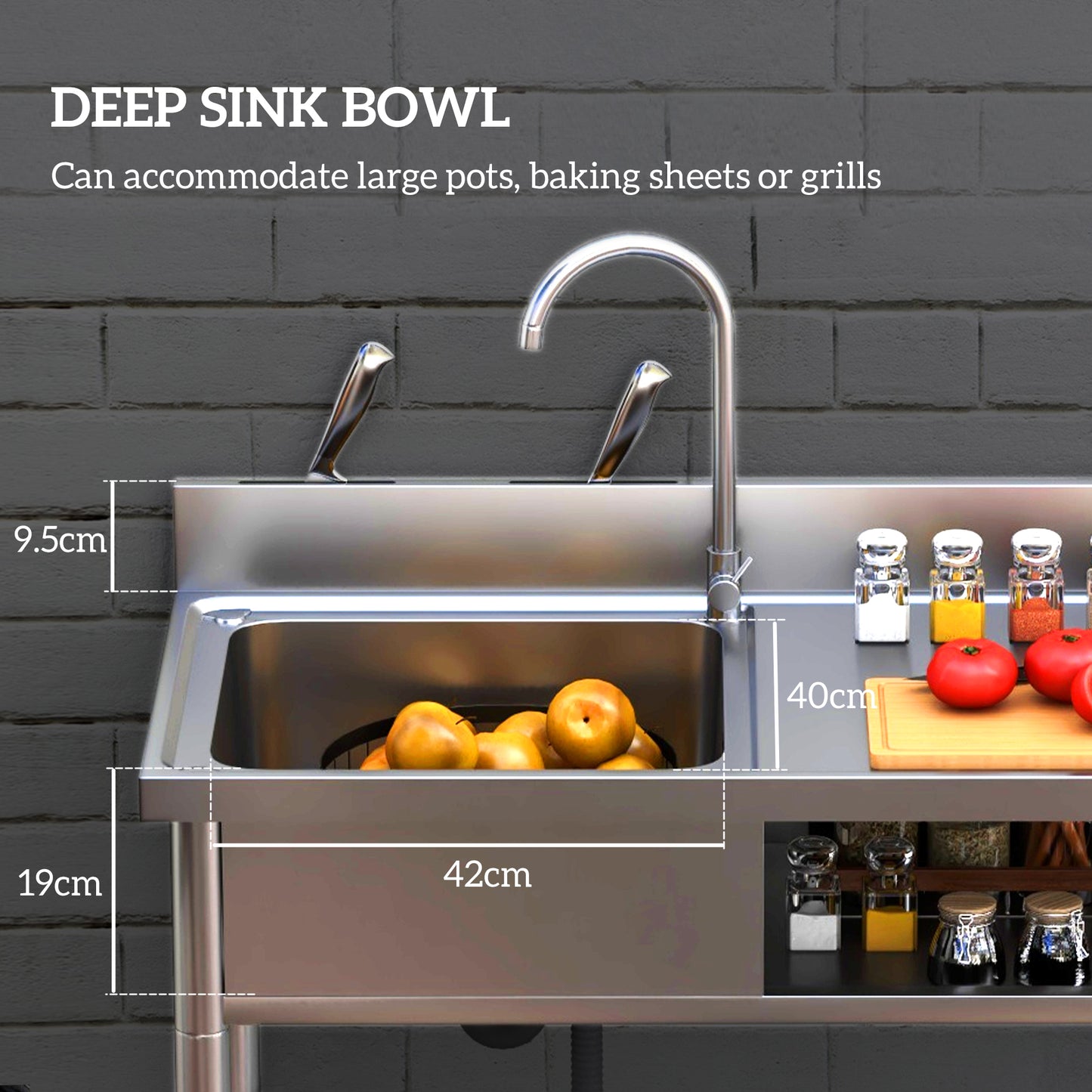 HOMCOM Outdoor Stainless Steel Kitchen Sink Freestanding Single Bowl With Hot And Cold Water Supply And Storage Shelves
