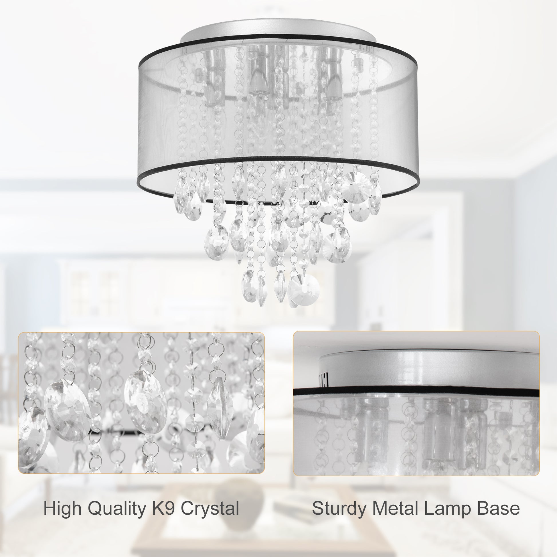 HOMCOM Contemporary Flush Mount LED Chandelier with Elegant Crystal Accents for Home and Office - Silver Finish - ALL4U RETAILER LTD