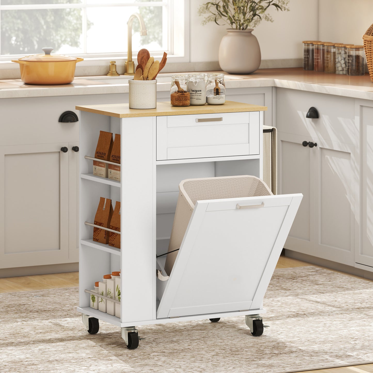 HOMCOM Kitchen Storage Trolley On Wheels Rolling Kitchen Island With 2 Drawers Tilt Out Rubbish Cabinet Storage White