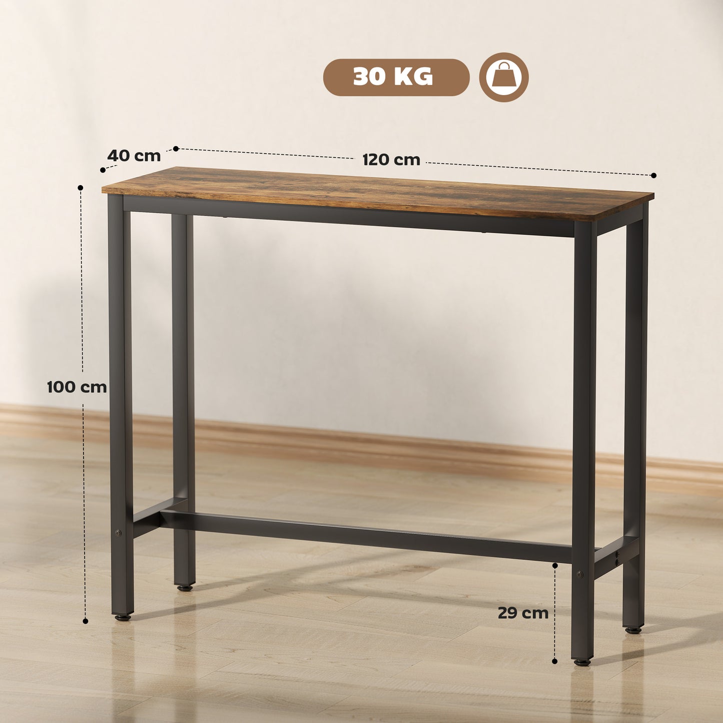 HOMCOM Rectangular Bar Table Wood Effect Pub Coffee Table For Small Space Industrial Rustic Brown