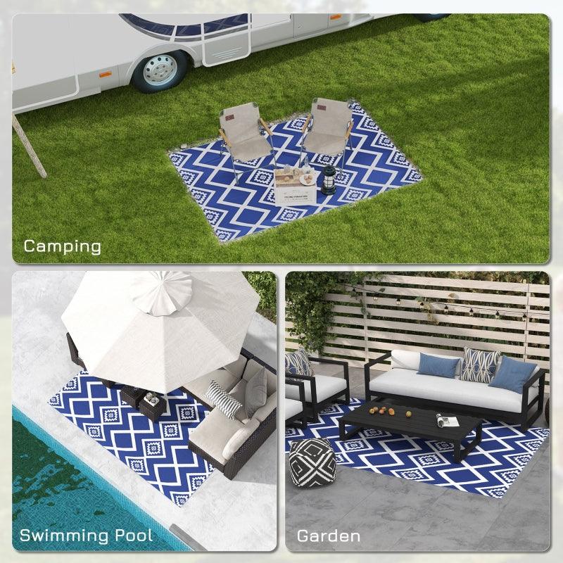 Outsunny Reversible RV Outdoor Rug - Plastic Straw Material, Portable with Carry Bag - 182 x 274cm - Blue and White - ALL4U RETAILER LTD