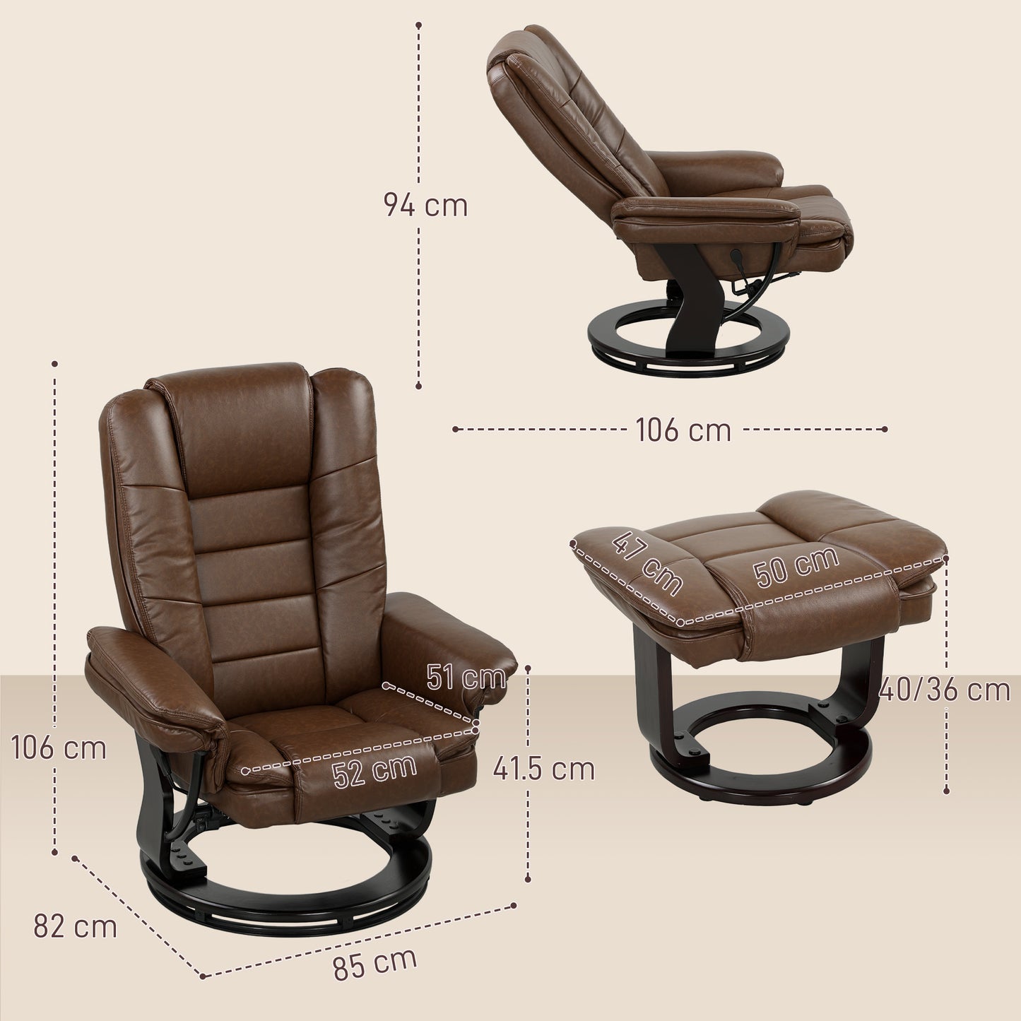 HOMCOM Faux Leather 135 Degree Reclining Chair And Footstool Set Brown For Ultimate Relaxation