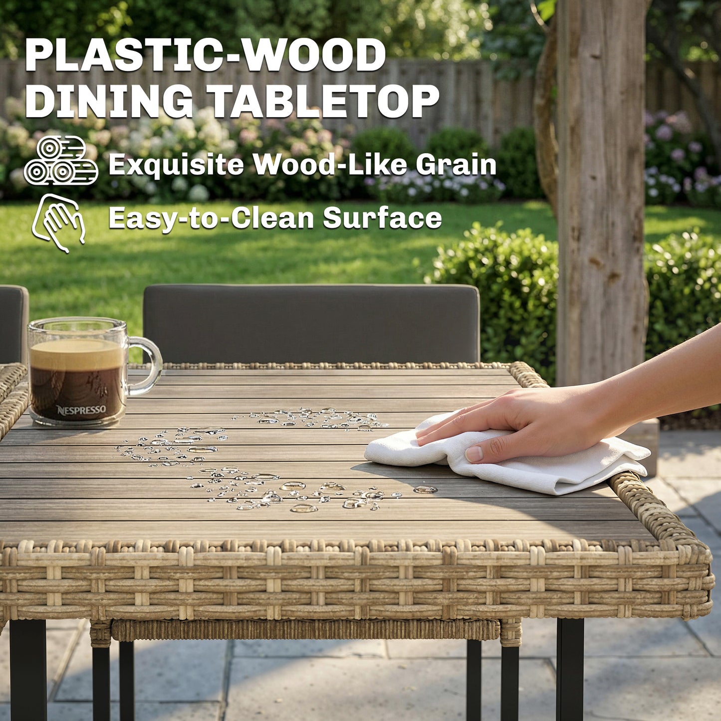 Outsunny 7 Piece Rattan Garden Furniture Set Dining Set With Wood Plastic Table And 6 Stackable Chairs Light Brown