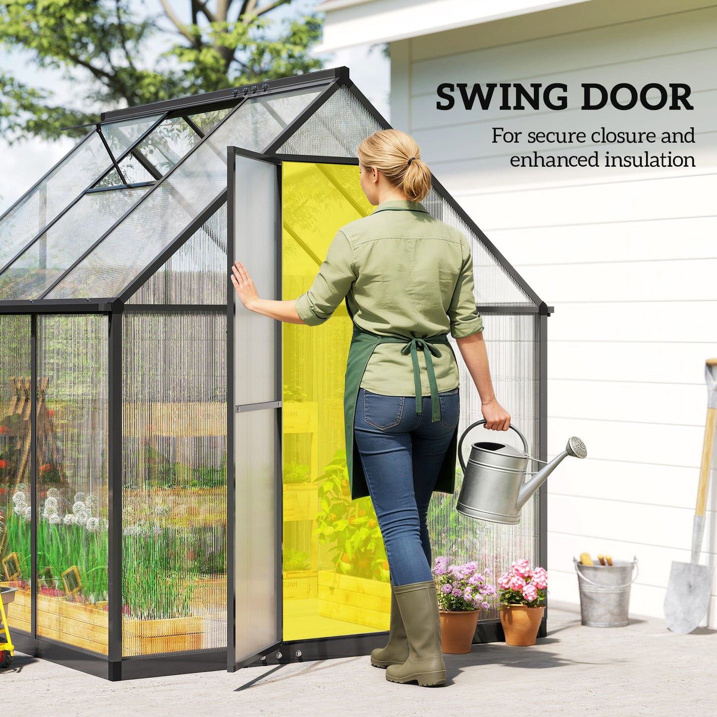 Outsunny Polycarbonate Greenhouse With Swing Door Adjustable Window Walk In Rain Gutter 5.5 By 6 Feet Black