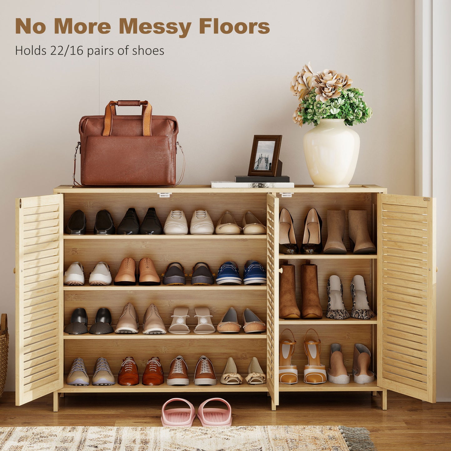 HOMCOM Bamboo Shoe Cabinet With Louvered Doors Natural Finish 18 Pair Shoe Storage With Adjustable Shelves For Hallway