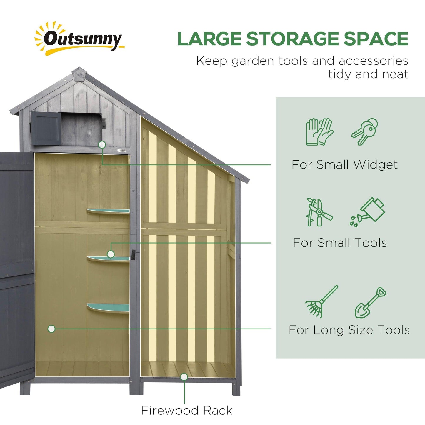 HOMCOM Garden Outdoor Wooden Tool Storage Shed With 3 Shelves, Firewood Rack, Grey - ALL4U RETAILER LTD