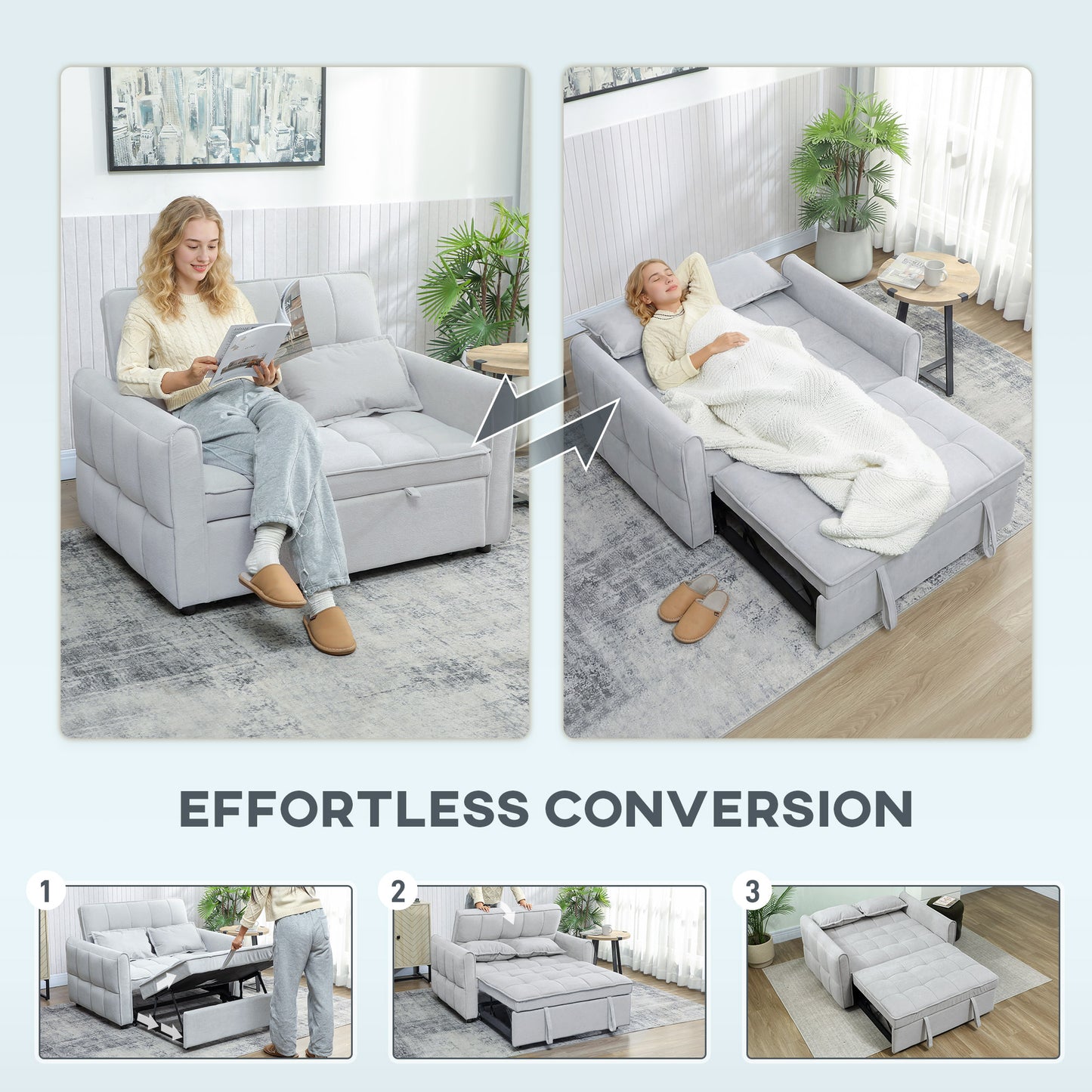HOMCOM 2 Seater Sofa Bed 3 In 1 Convertible Sleeper With Adjustable Backrest Click Clack And Two Pillows Light Grey