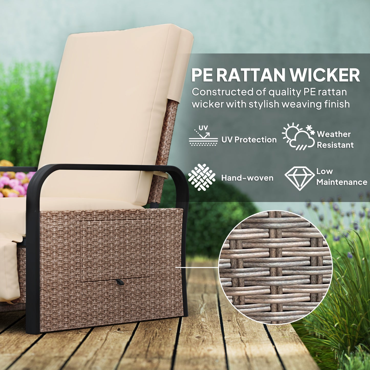 Outsunny 140 Degree Reclining Rattan Armchair With Footrest And Cushioned Seat In Brown Khaki