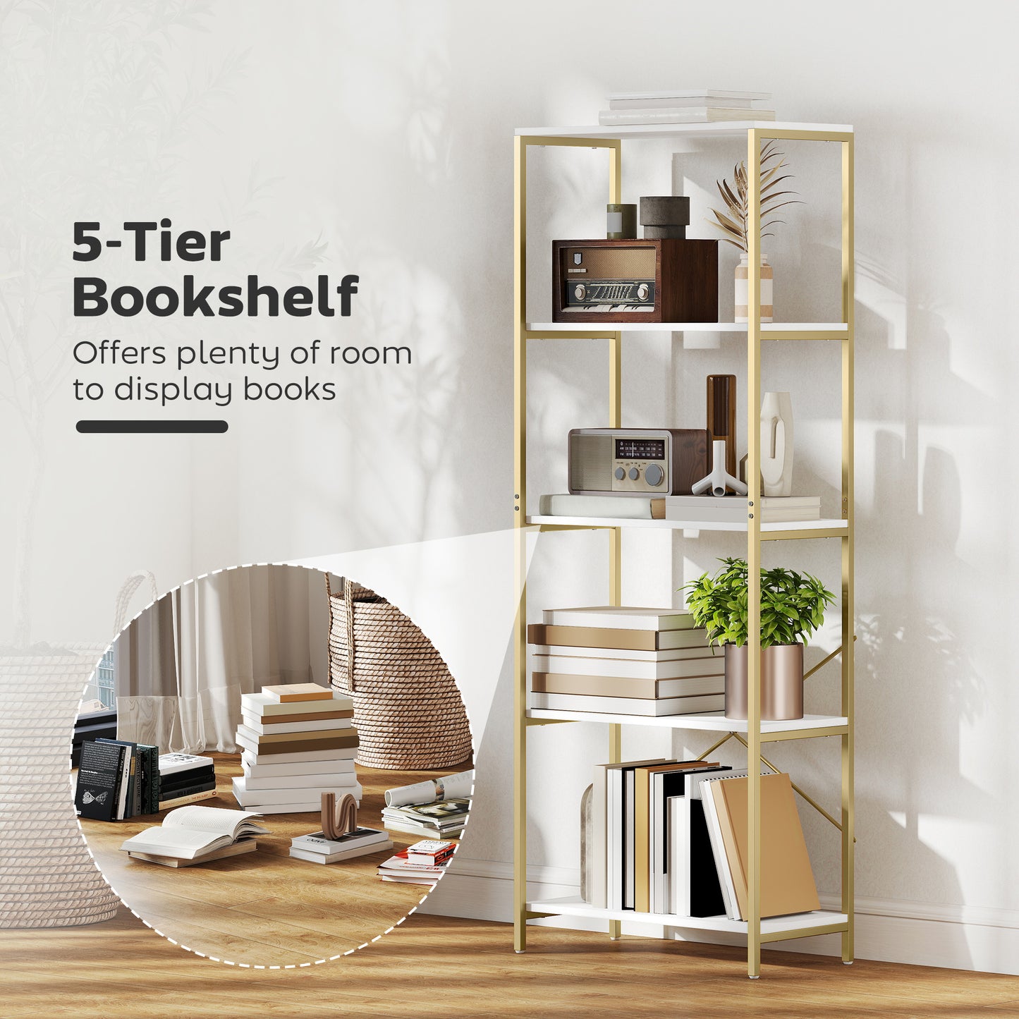 HOMCOM 5 Tier Bookshelf Modern Bookcase With Metal Frame White And Gold Tone Back X Bar Support
