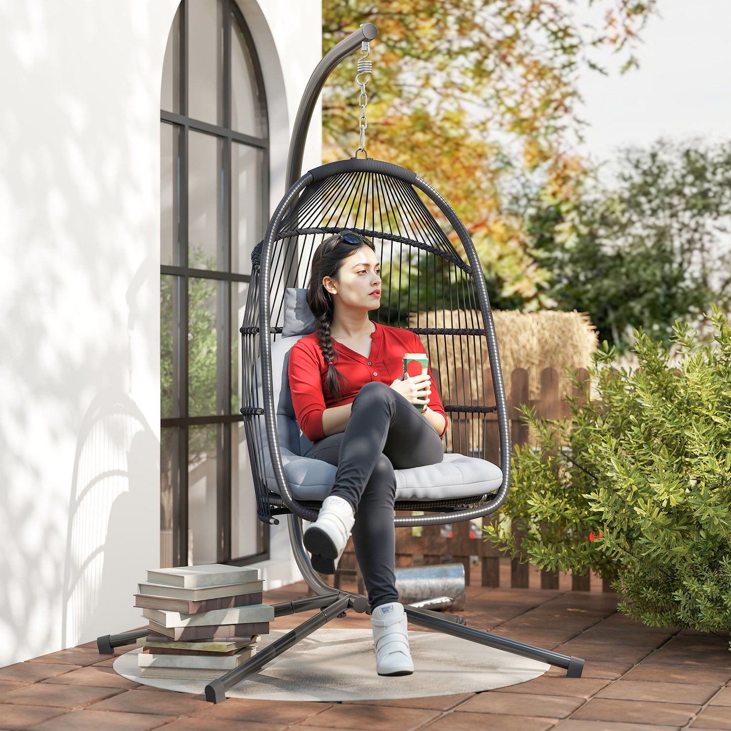 Outsunny Rattan Hanging Egg Chair With Stand Outdoor Indoor Foldable Wicker Swing With Cushion Capacity 150 Kg Dark Grey