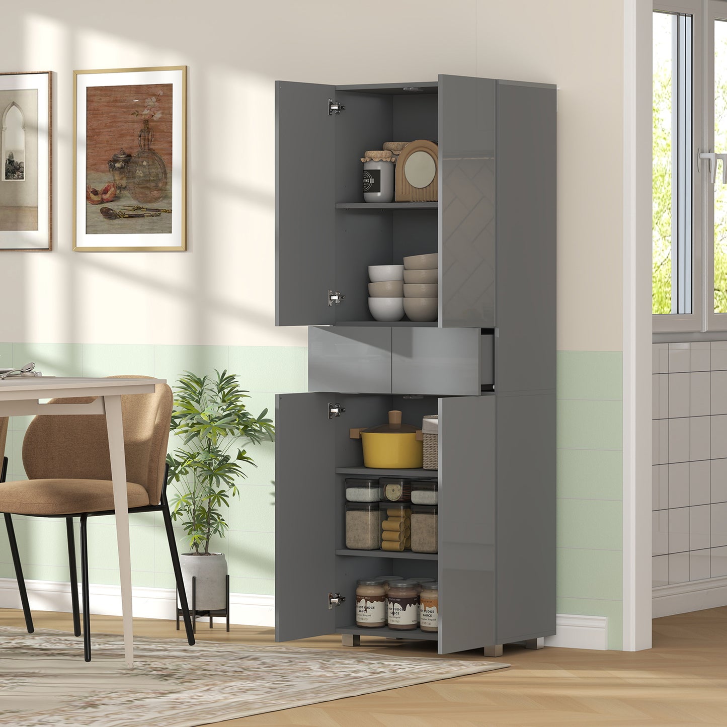 HOMCOM Storage Cabinet Kitchen Cupboard With 3 Adjustable Shelves High Gloss Grey 60L x 35W x 170H cm