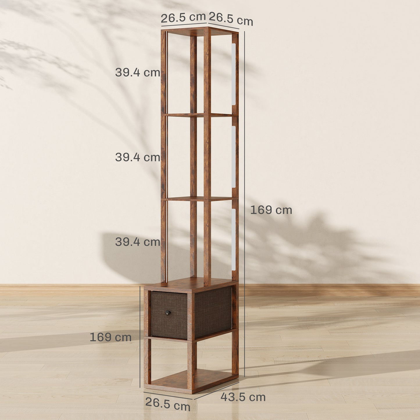 HOMCOM Floor Lamp With Shelves LED Column Standing Fabric Drawer Adjustable Brightness Foot Switch Rustic Brown