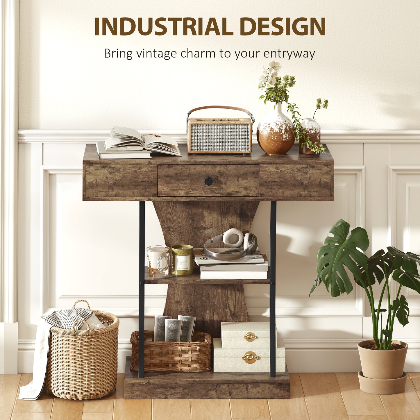 HOMCOM Console Table 3 Tier Industrial Hallway Table With Drawer And Storage Shelves Rustic Brown 91 32 87 cm
