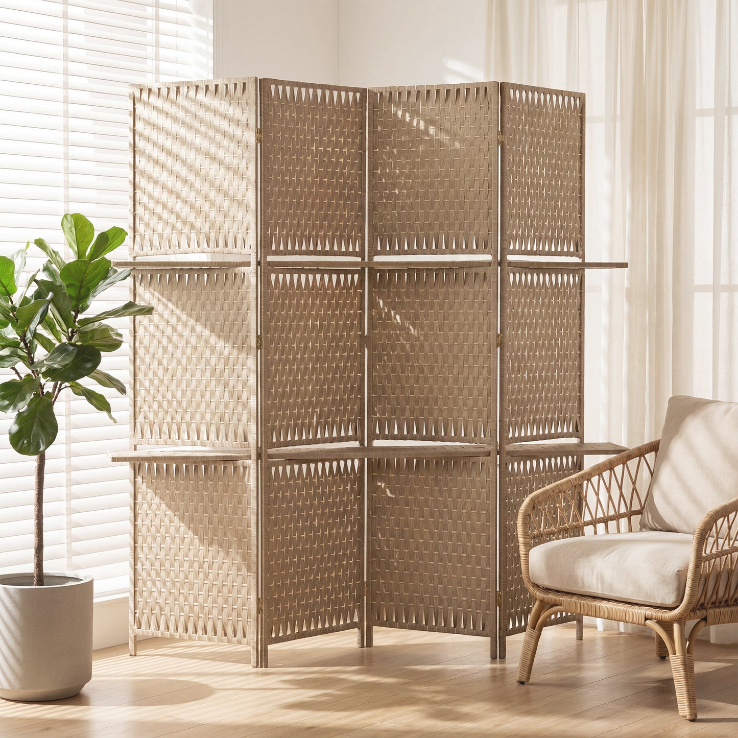 HOMCOM Wave Fibre Freestanding Folding Privacy Screen Panels Room Divider With Shelves Natural Wood Finish