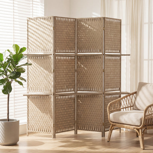 HOMCOM Wave Fibre Freestanding Folding Privacy Screen Panels Room Divider With Shelves Natural Wood Finish
