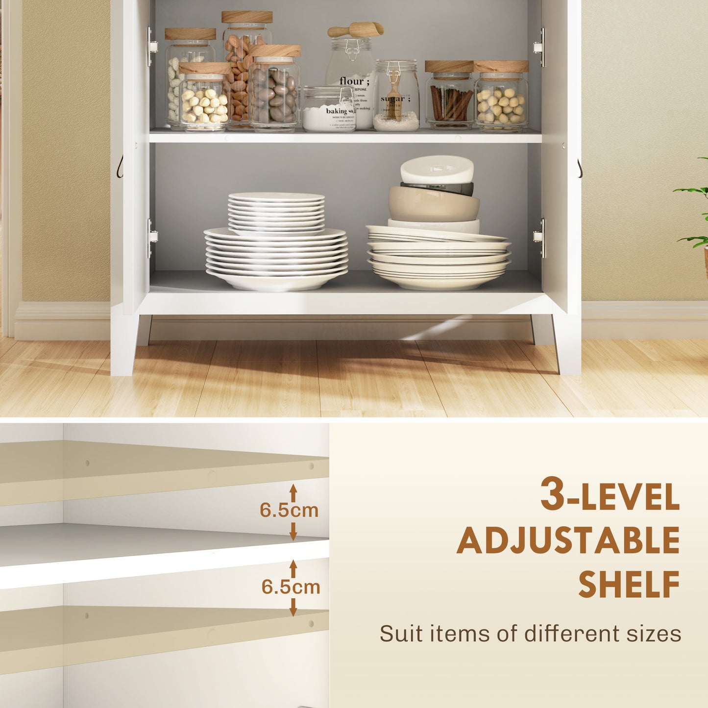 HOMCOM Farmhouse Style White Sideboard With Wood Effect Top And Faux Leather Handles For Kitchen Storage And Living Room