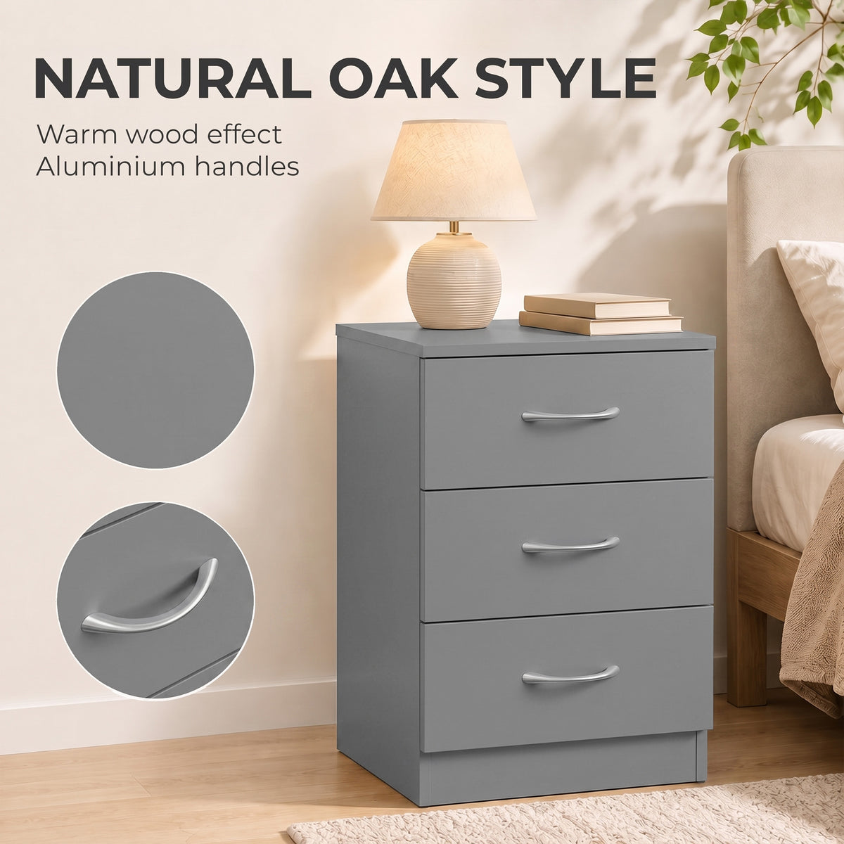 Grey three-drawer bedside table with curved metal handles and flat top.