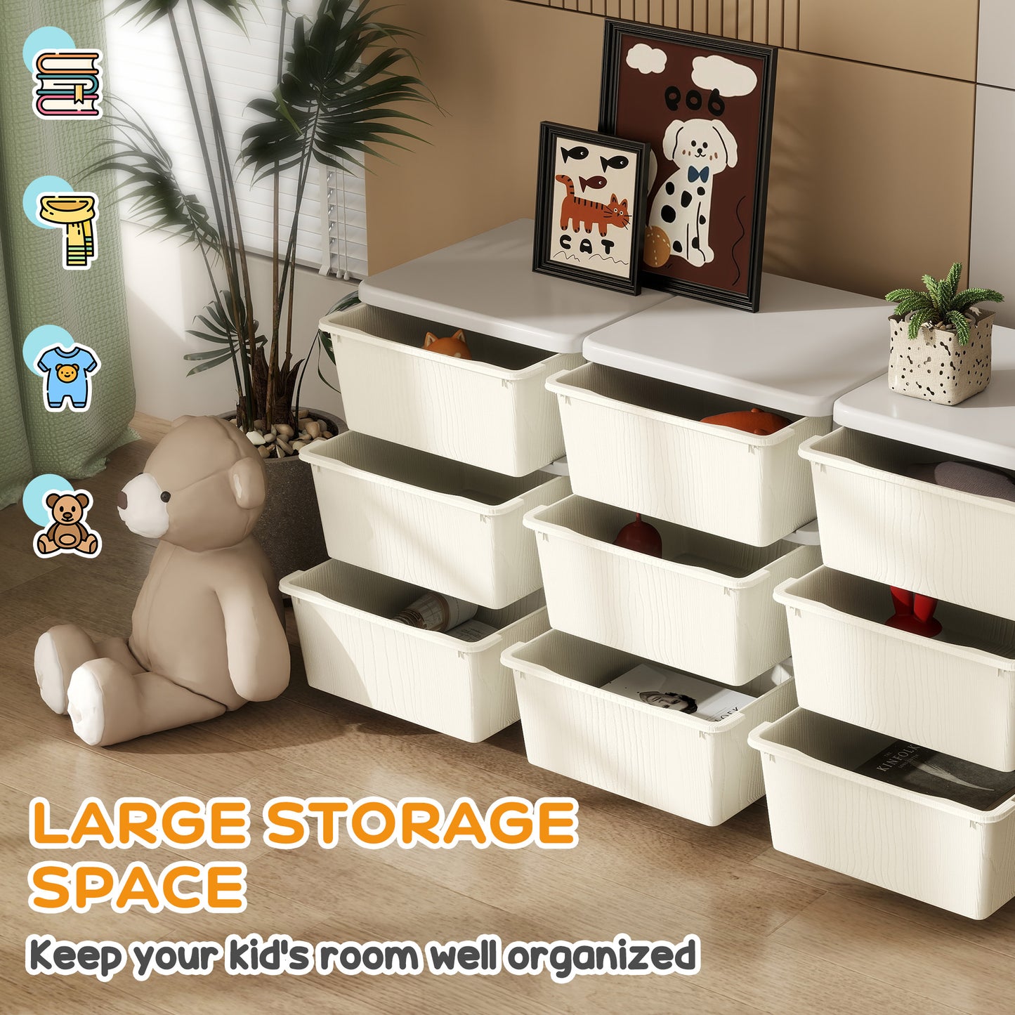 HOMCOM Kids Storage Unit With Nine Drawers Cream Plastic Toy Organizer For Toys And Books