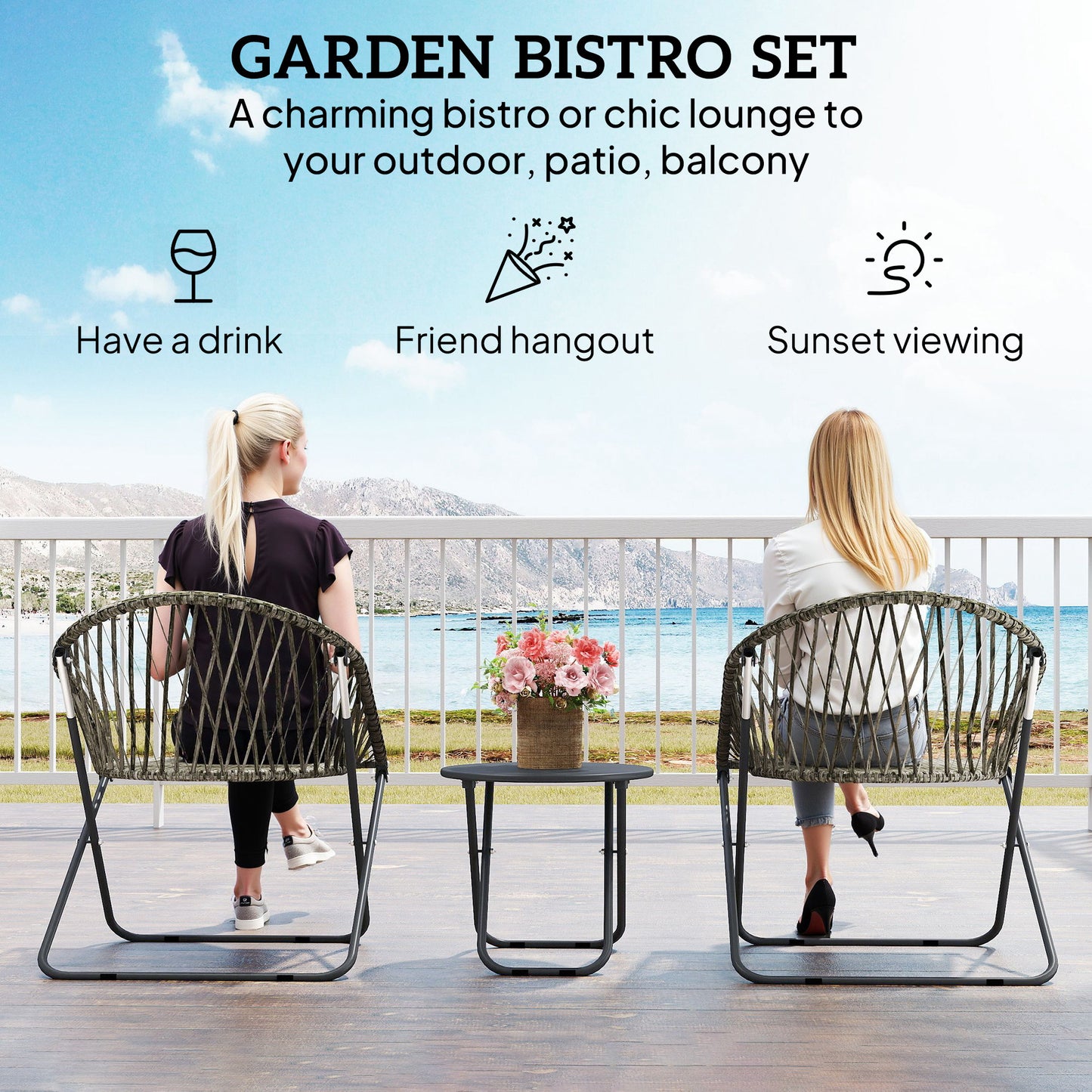Outsunny Folding Patio Bistro Set for 2 with Table and Two Chairs Grey Outdoor Balcony Furniture