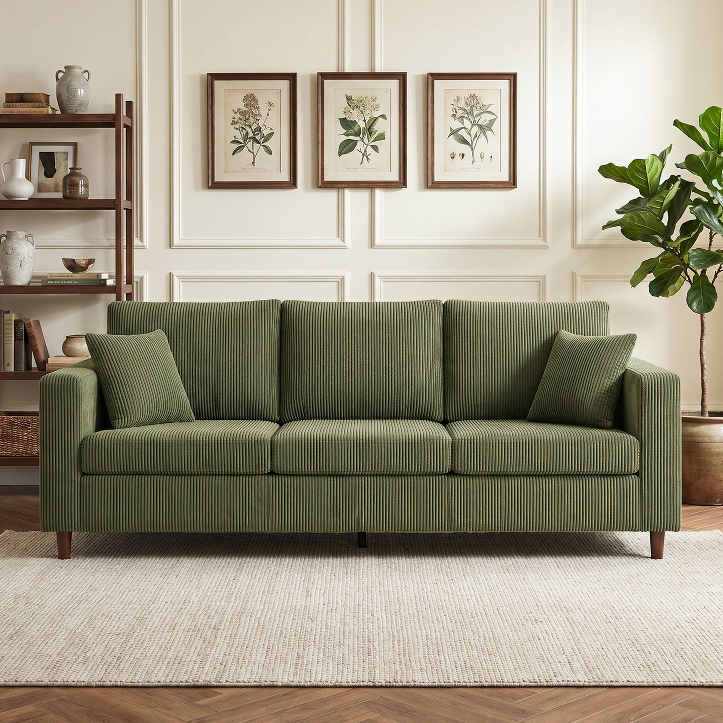 HOMCOM 3 Seater Sofa With Wide Seat Corduroy Fabric Couch Deep Seat Spring Cushion Green