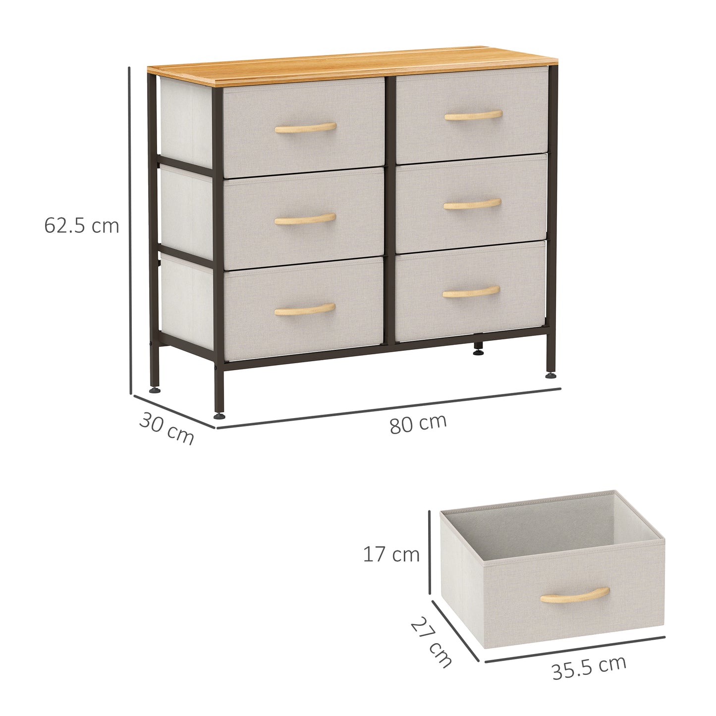 HOMCOM Fabric Chest With 6 Drawers Steel Frame Wooden Top Cream White For Nursery Living Room Hallway