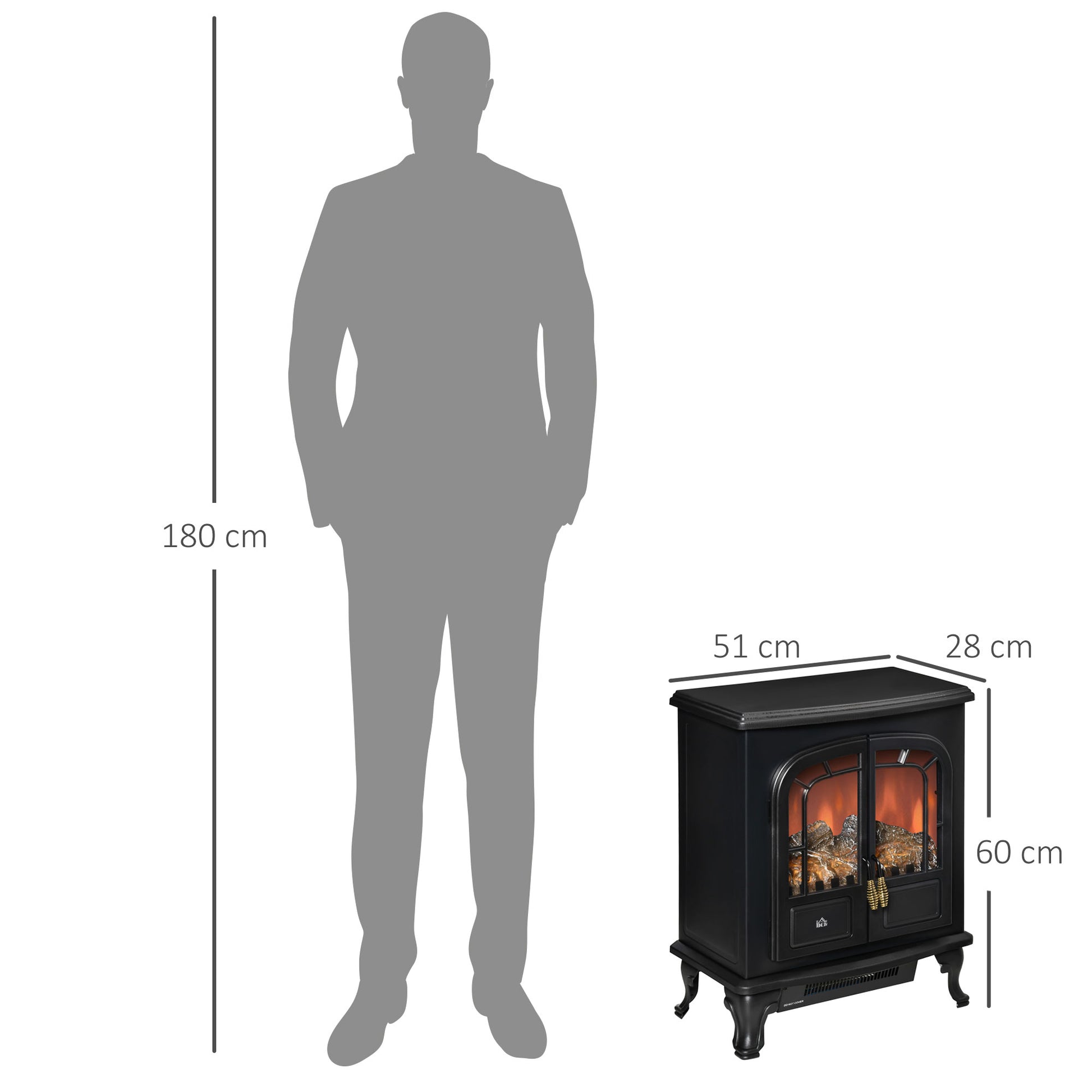 HOMCOM Freestanding Electric Fireplace Heater with Adjustable Flame Effects, Double Door Design, Overheat Protection, 1000W/2000W, Compact Black Finish - ALL4U RETAILER LTD