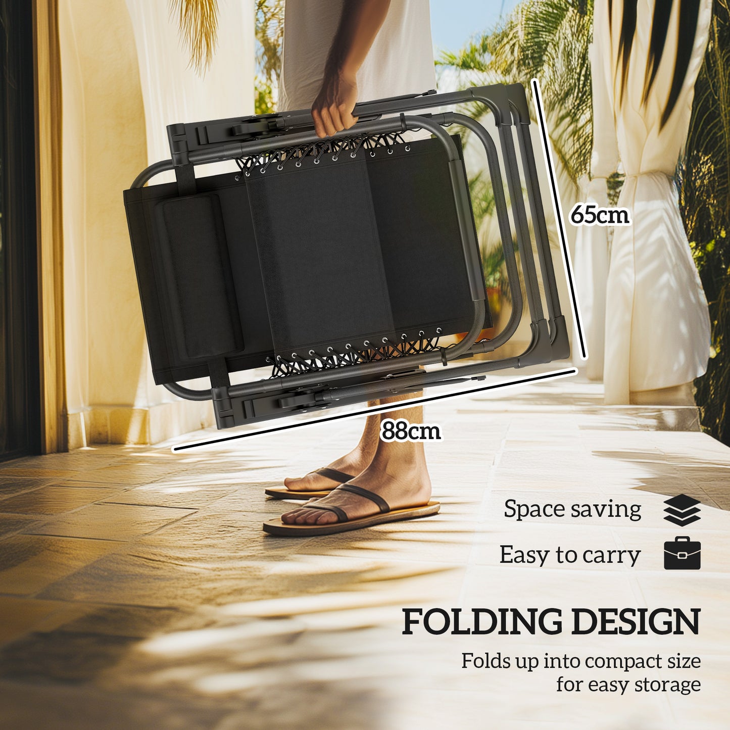 Outsunny Set of Two Reclining Sun Loungers With Cushions Black Outdoor Zero Gravity Patio Chairs