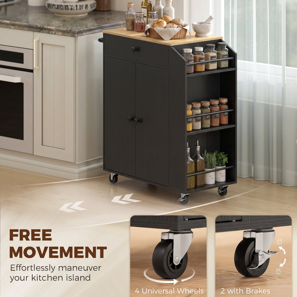Rolling kitchen island cart on wheels, dark cabinet with drawer and side spice rack