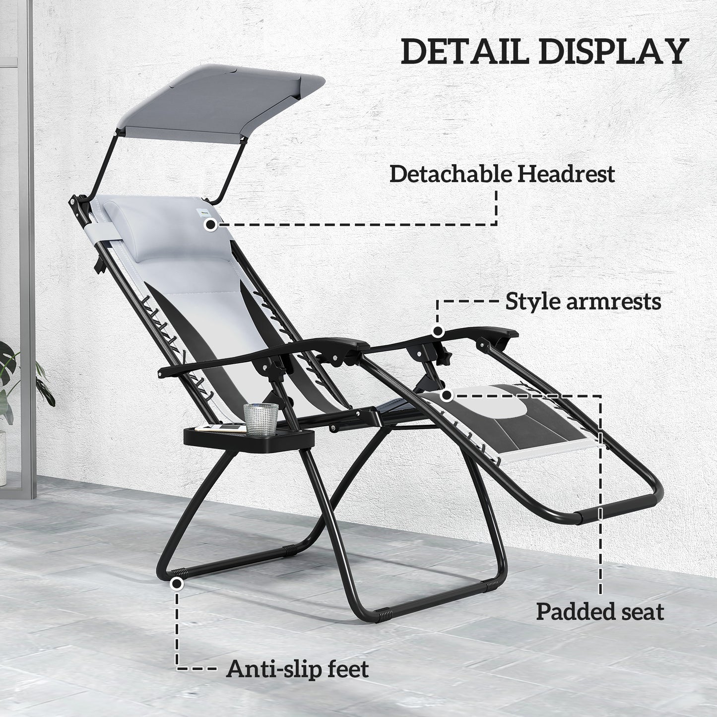 Outsunny Zero Gravity Lounge Chair Set of 2 Folding Reclining Patio Chairs with Shade Cover Cup Holder Headrest
