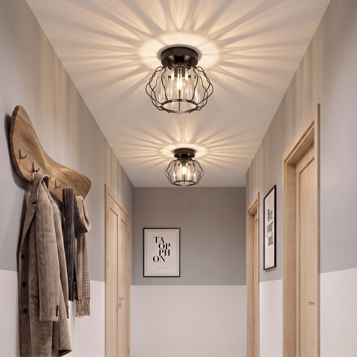 Black semi-flush mount ceiling light fixtures with clear crystal bars in an entryway