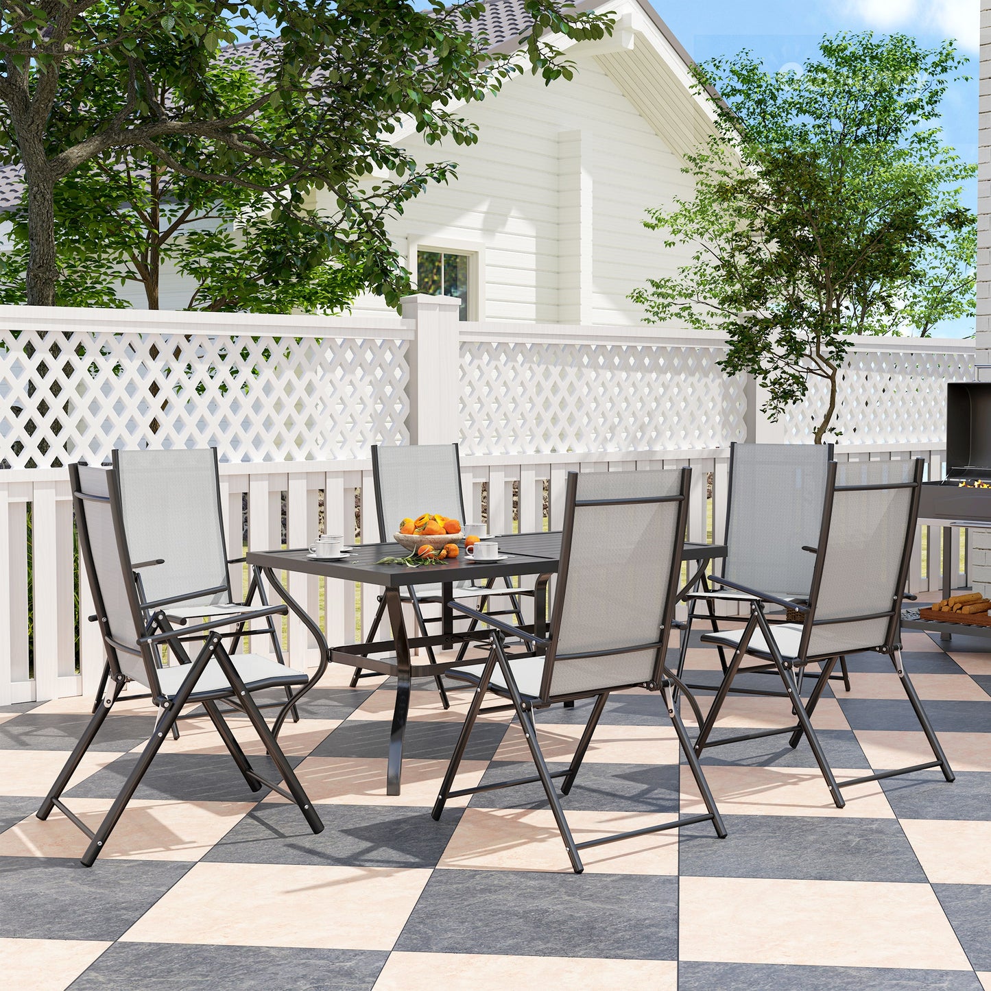 Outsunny Seven Piece Steel Outdoor Dining Set With Parasol Hole Grey Table And Six Folding Chairs