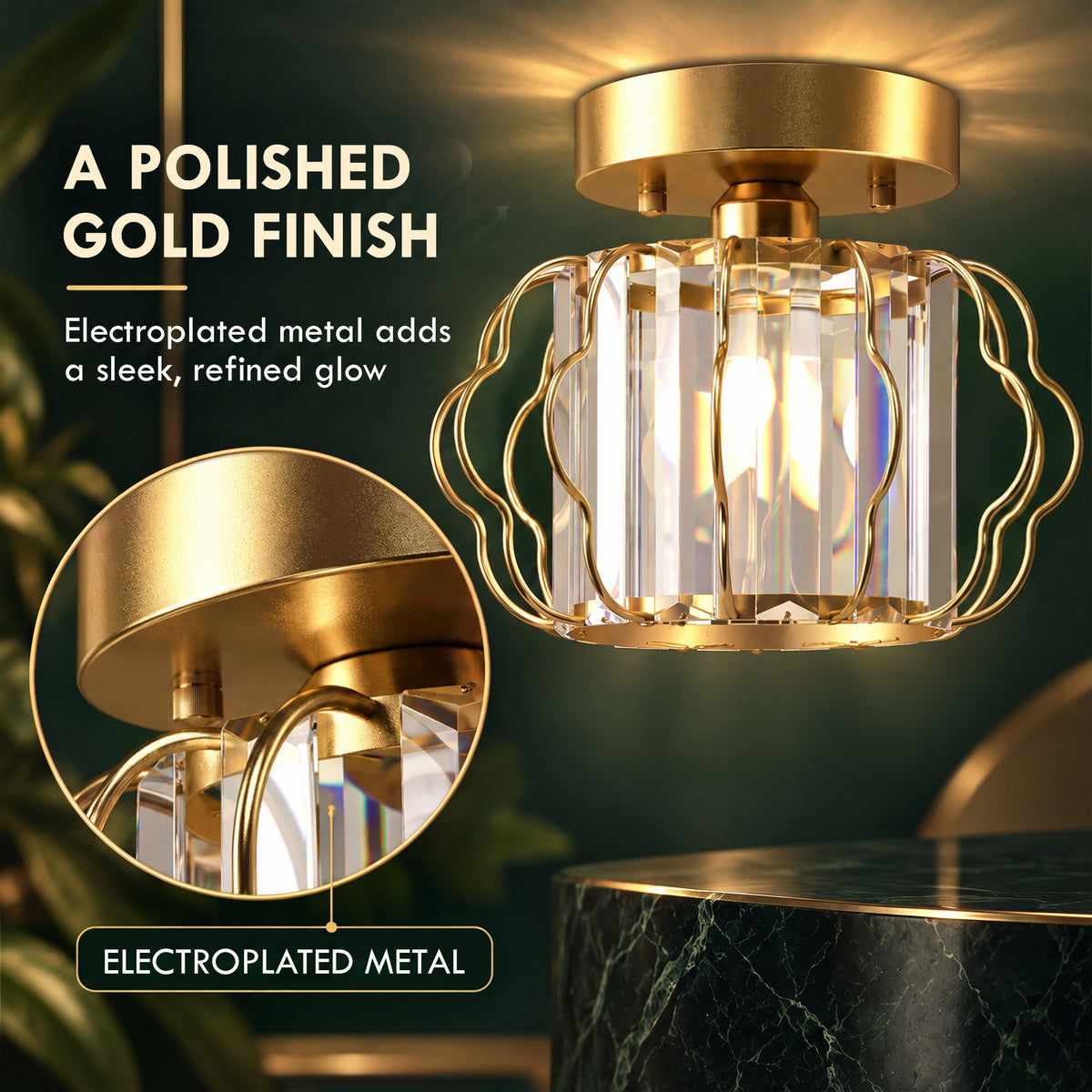 Polished gold semi-flush ceiling light with clear crystal bars and ornate metal frame