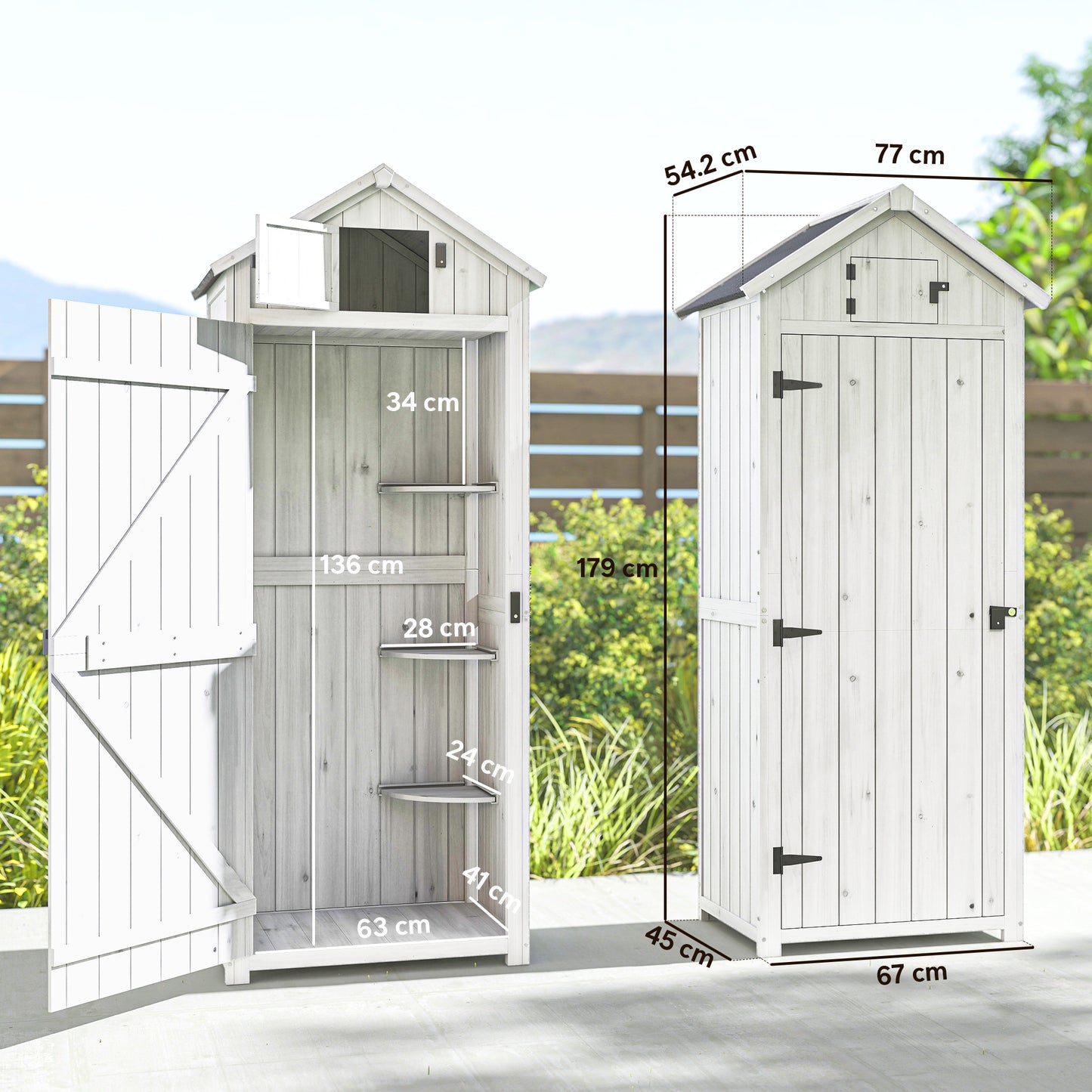 Outsunny Tall Slim Wooden Garden Shed With 3 Removable Shelves And Roof Hatch Outdoor Tool Storage Cabinet Light Grey