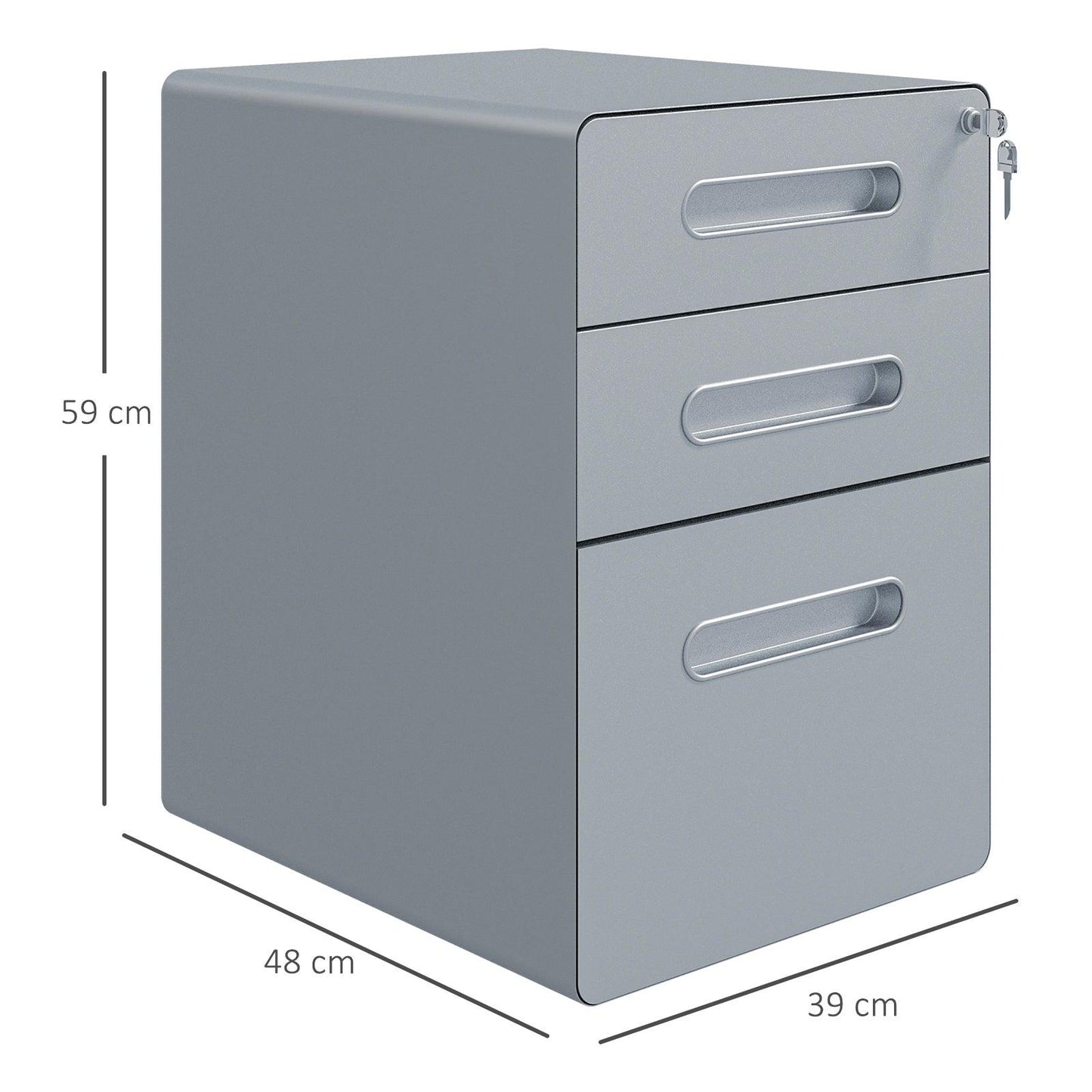 Vinsetto 3 Drawer Modern Steel Filing Cabinet w/ 4 Wheels Lock Pencil Box Grey - ALL4U RETAILER LTD