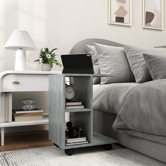 HOMCOM C Shape End Table With Two Shelves And Four Wheels Freestanding Home Office Storage Cabinet Grey
