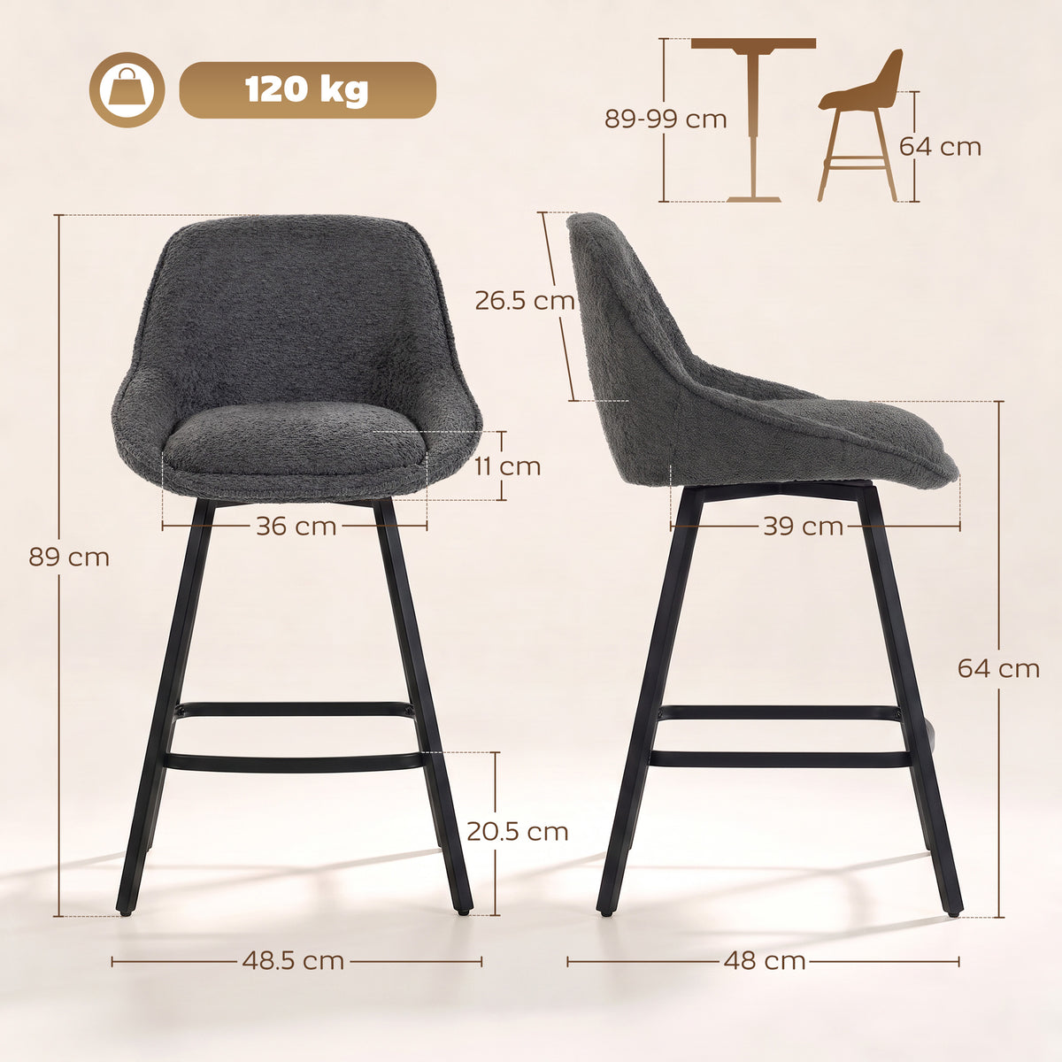 Dark grey counter-height swivel bar stool, side view with black frame and padded seat