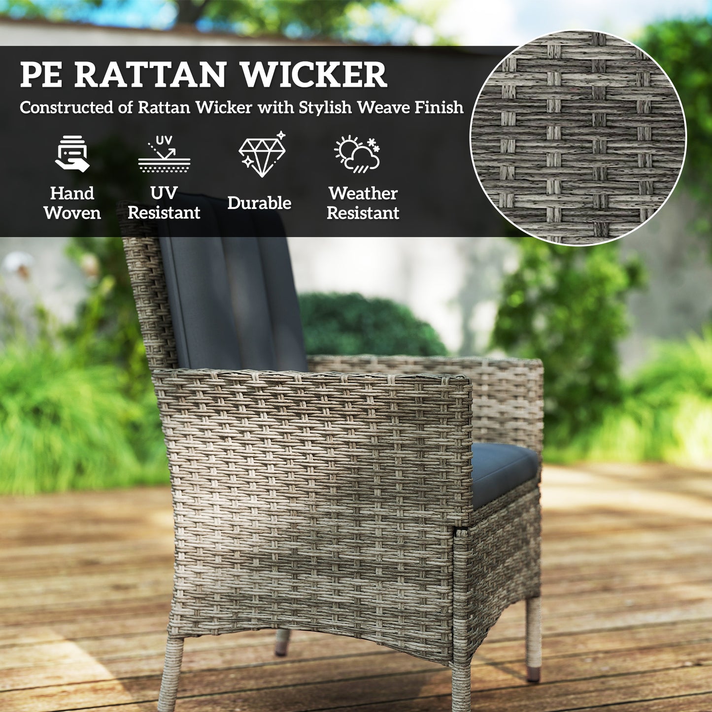 Outsunny Seven Piece Rattan Outdoor Dining Set with Round Glass Top Table and Cushioned Chairs Light Grey