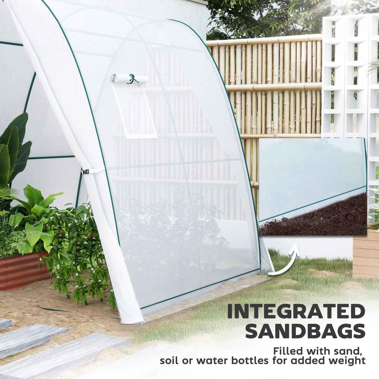 Outsunny Walk In Polytunnel Greenhouse With Sandbags Two Doors Screen Windows Size 1.8x1.8x2 Meters White
