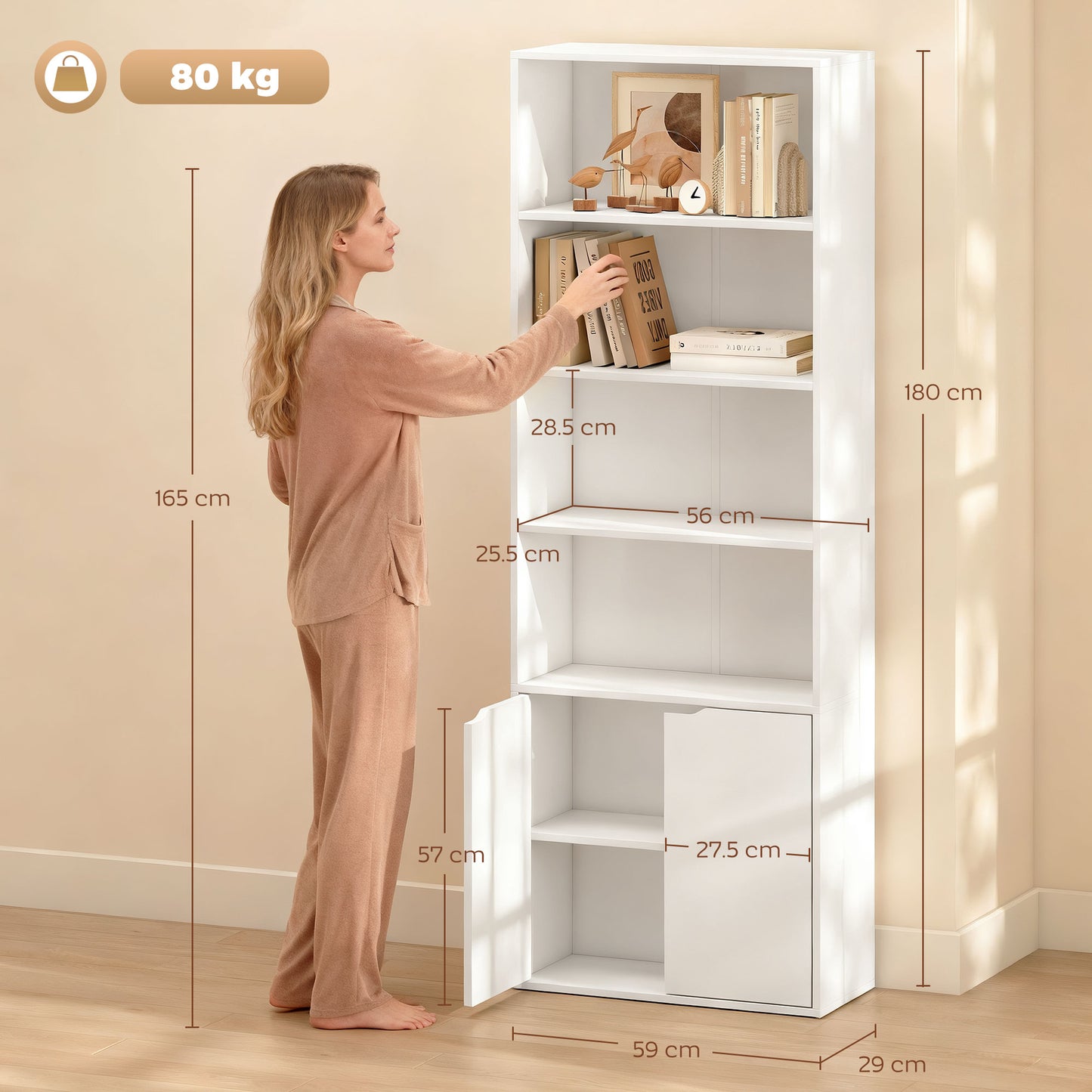 HOMCOM 6 Tier Tall Bookcase With Open Shelves And Double Door Storage Cabinet Freestanding Rack White 59 x 29 x 180 cm
