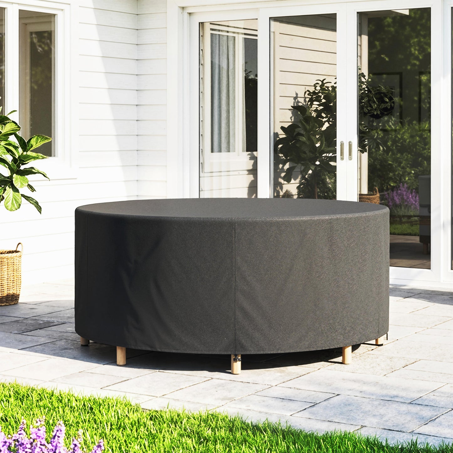 Outsunny Round Garden Furniture Cover Waterproof 420D Heavy Duty Oxford For Outdoor 214 Cm Diameter Black