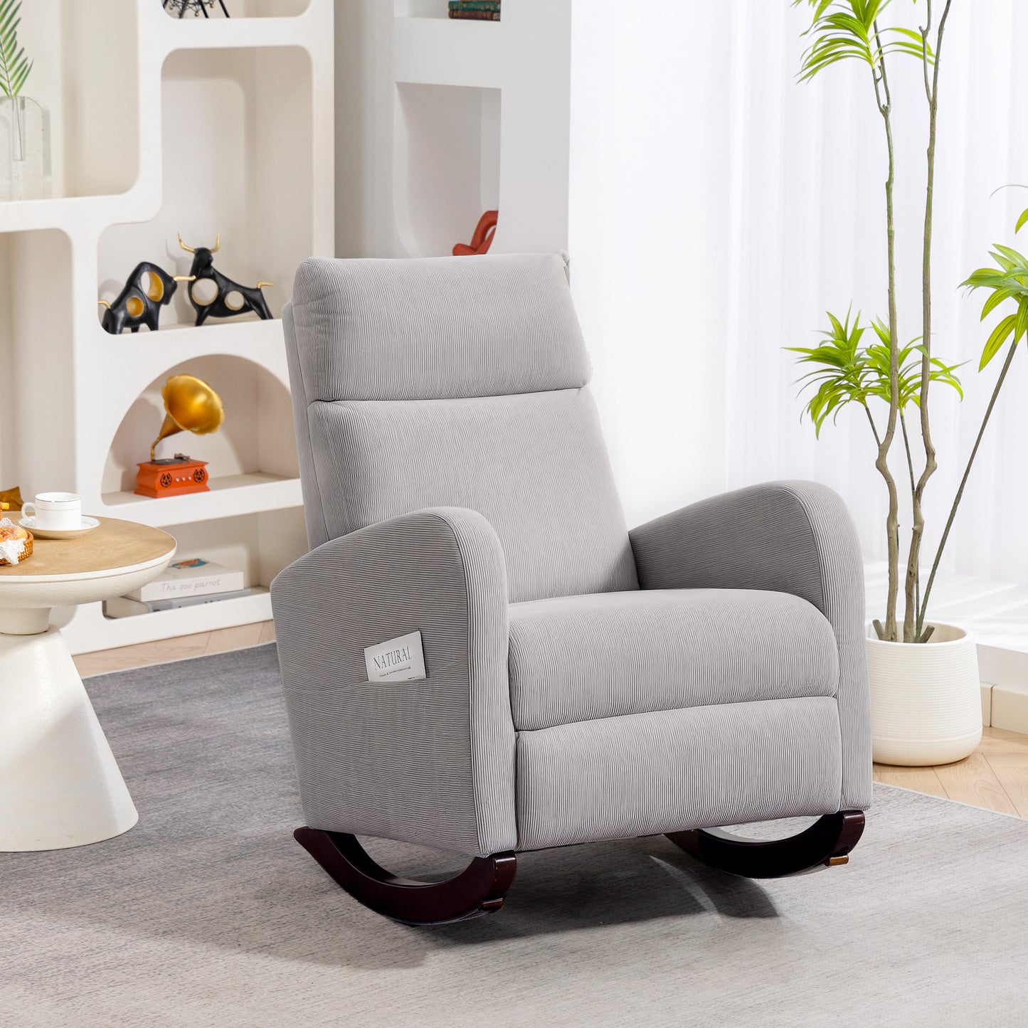 HOMCOM Corduroy Rocking Armchair Grey With Plush Padding And Gentle 11 Degree Rocking Base
