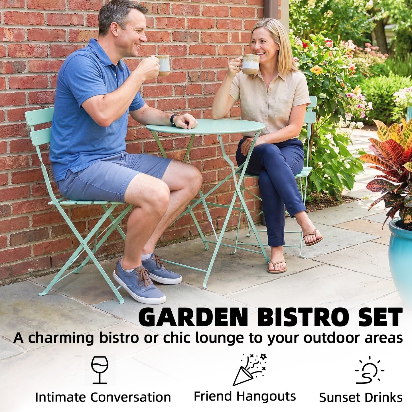 Outsunny Folding Garden Bistro Set For Two With Outdoor Round Table And Chairs Electrophoresis Metal Frame Light Green