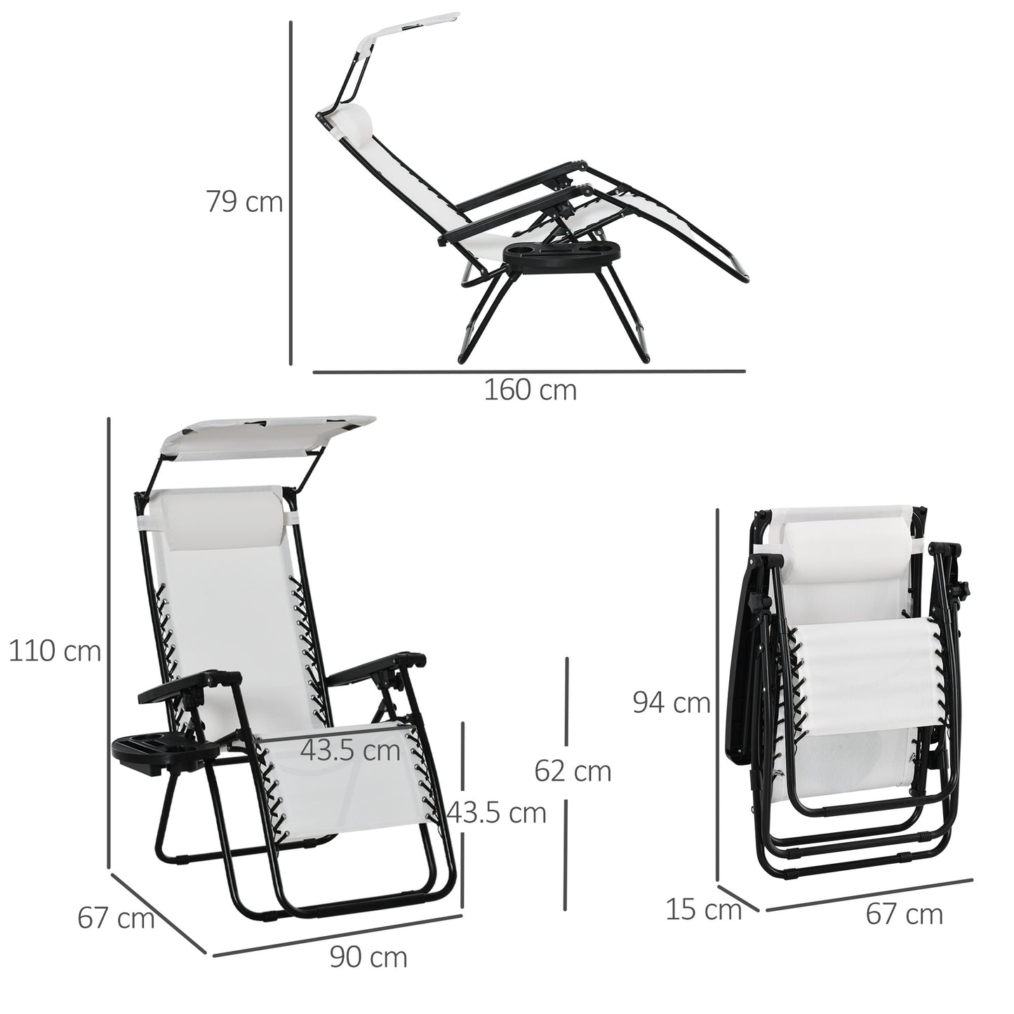 Outsunny 2 Piece Foldable Reclining Garden Chair With Headrest Footrest Armrests Cup Holder Canopy Shade White