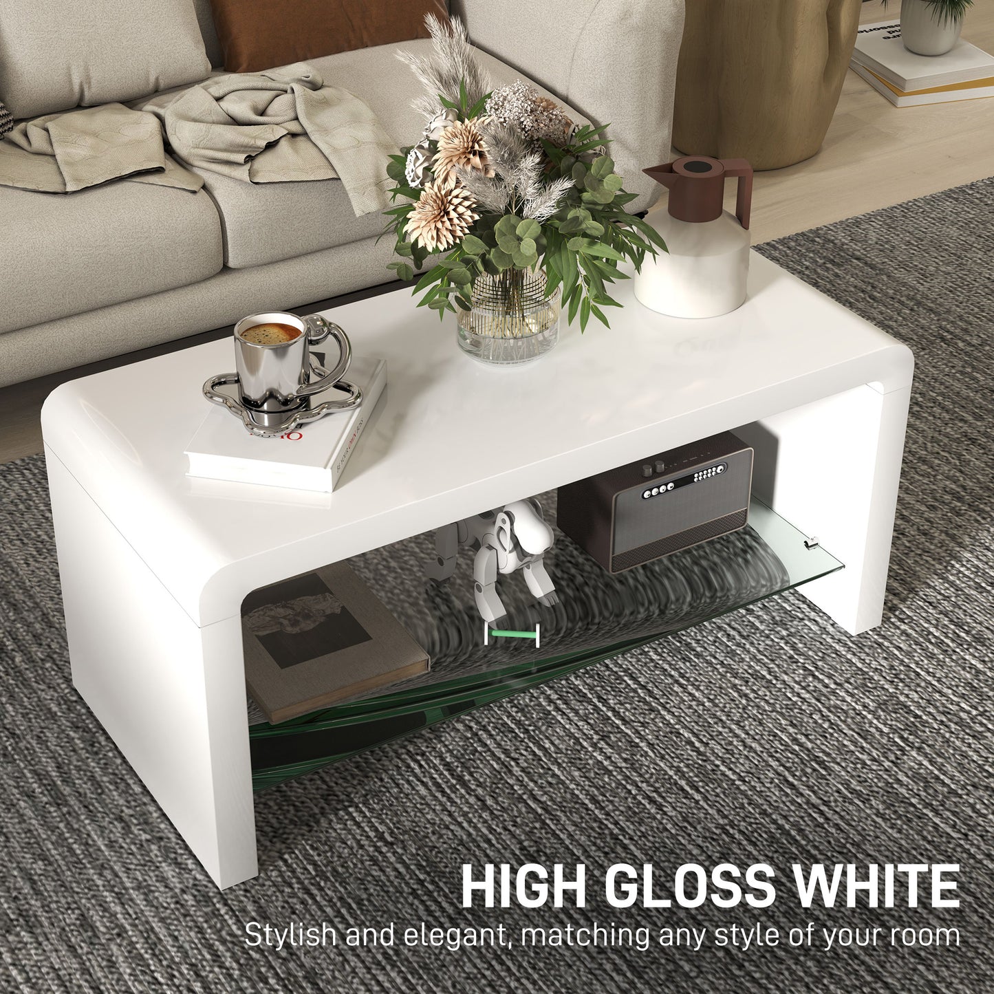 HOMCOM Curved Two Tier Coffee Table With High Gloss White Finish And Two Storage Levels