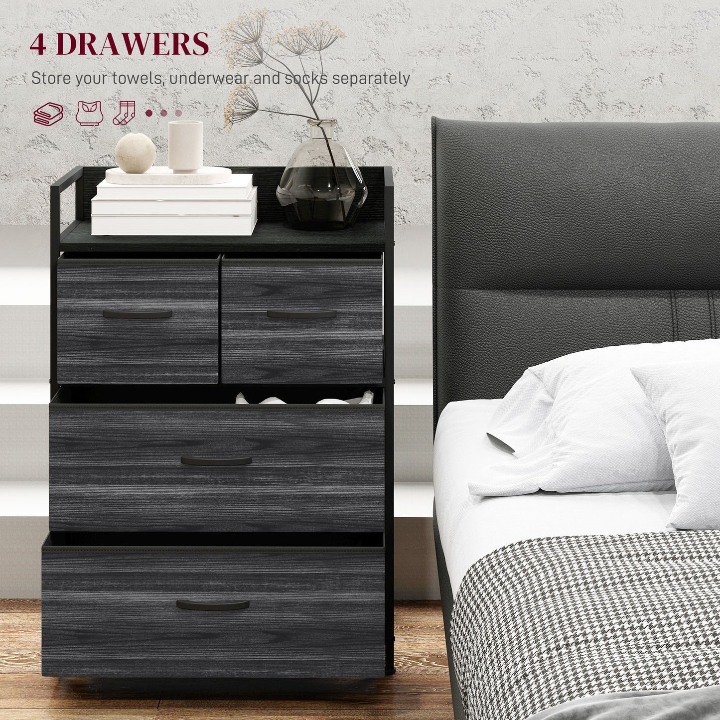 HOMCOM Rustic Chest of Four Fabric Drawers in Black for Bedroom Storage and Organizing Clothes