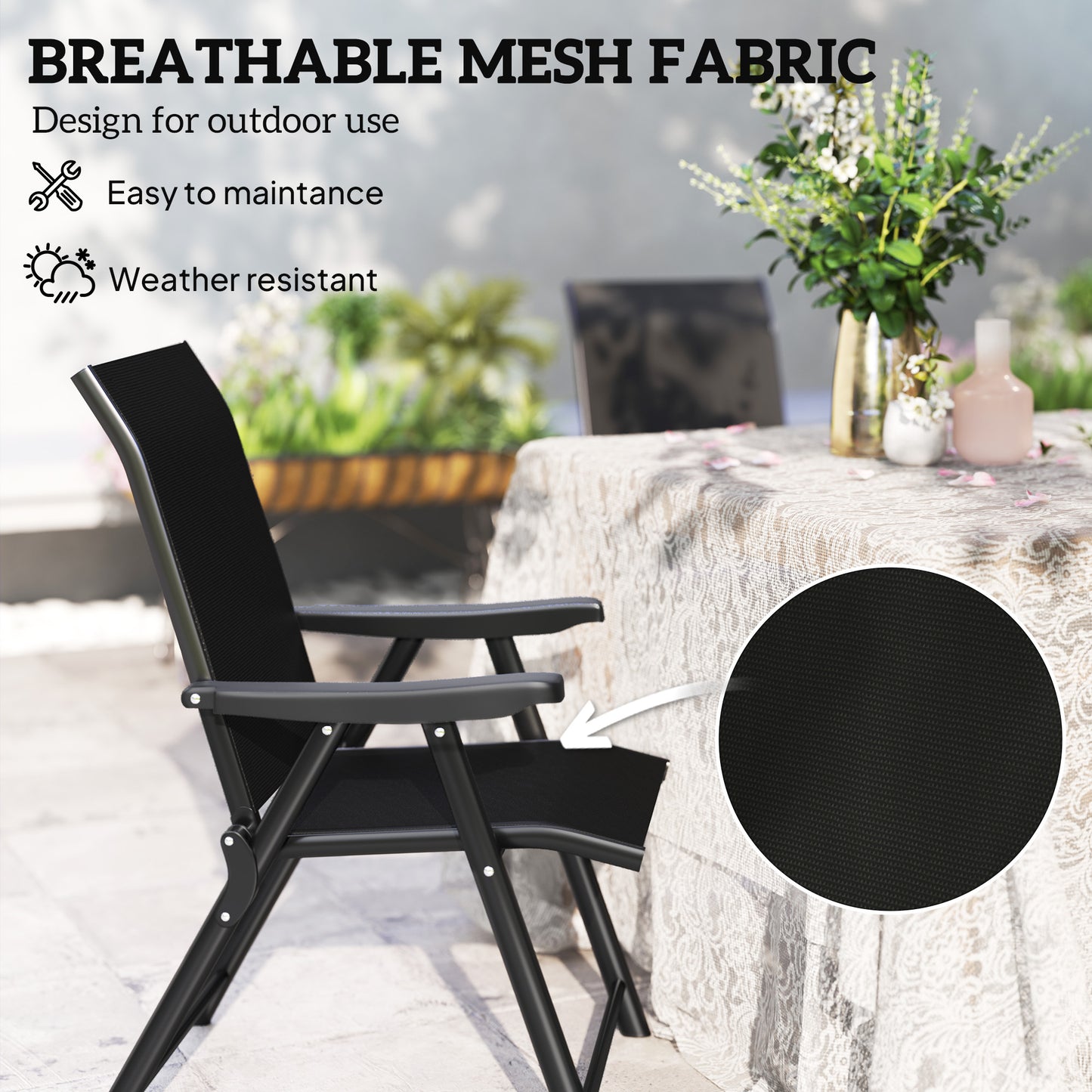 Outsunny Set Of Four Folding Outdoor Chairs Black With 63cm High Backrests And Breathable Mesh Seats