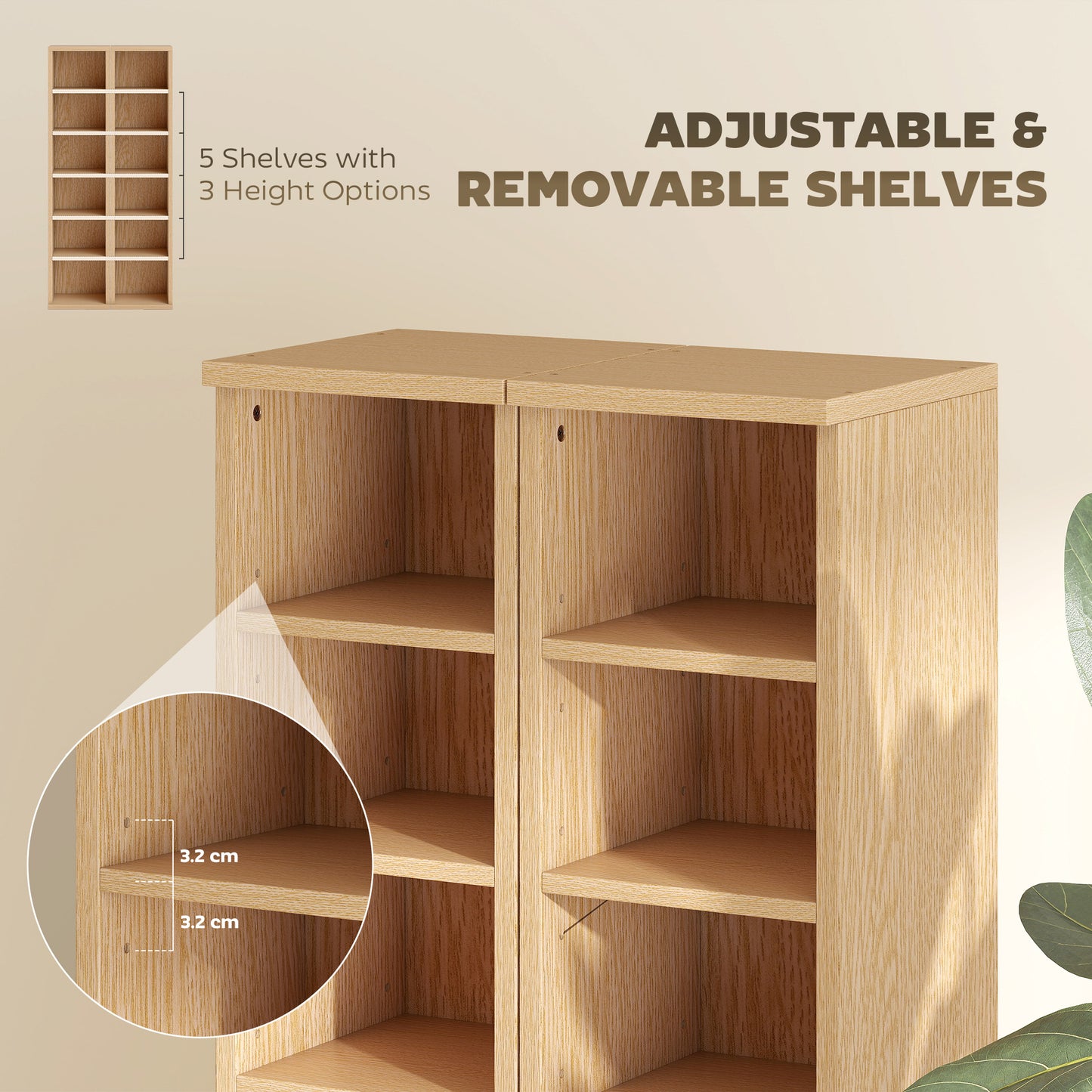 HOMCOM Set Of 2 CD Media Display Shelf Units Tower Rack With Adjustable Shelves Holds Up To 102 CDs Natural Finish